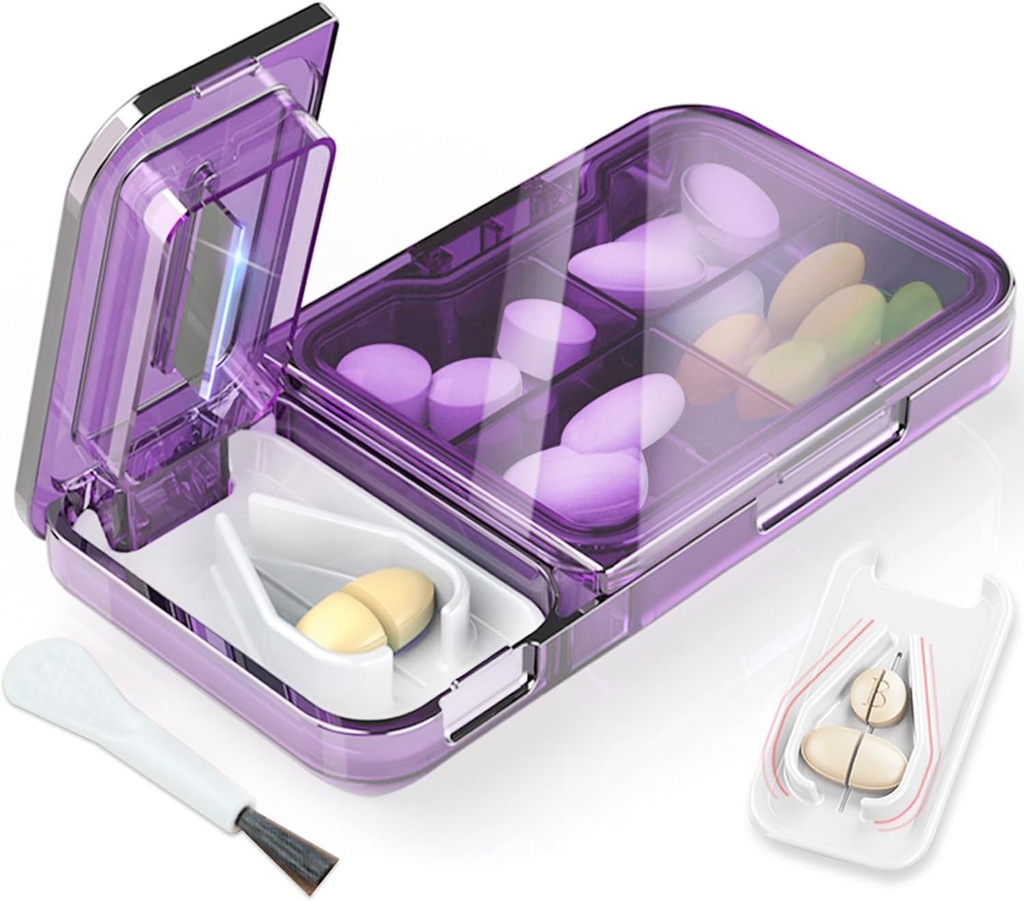 Tablete Cutter Splitter za majhne ali majhne tablete. 2-v-1 potovalne tablete Box & Pill Ločevalnik - Velika zmogljivost 4 Kompartmenti Tablete Organizator - Snemljiv Nonslip V-Shaped Pad. Ovinek-okroglo rezilo Guard (Purple)