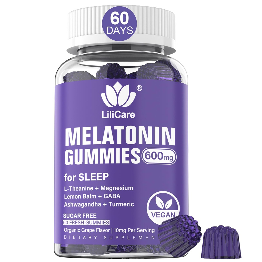 Melatonin Gummies 10mg 20mg za odrasle, dodatna moč z L-teanin, Ashwagandha, Magnezij, Kurkuma, GABA, Lemon Balm in Kamilica za podporo zdravju Cirkadian Rithm, Vegan Grozdni okus
