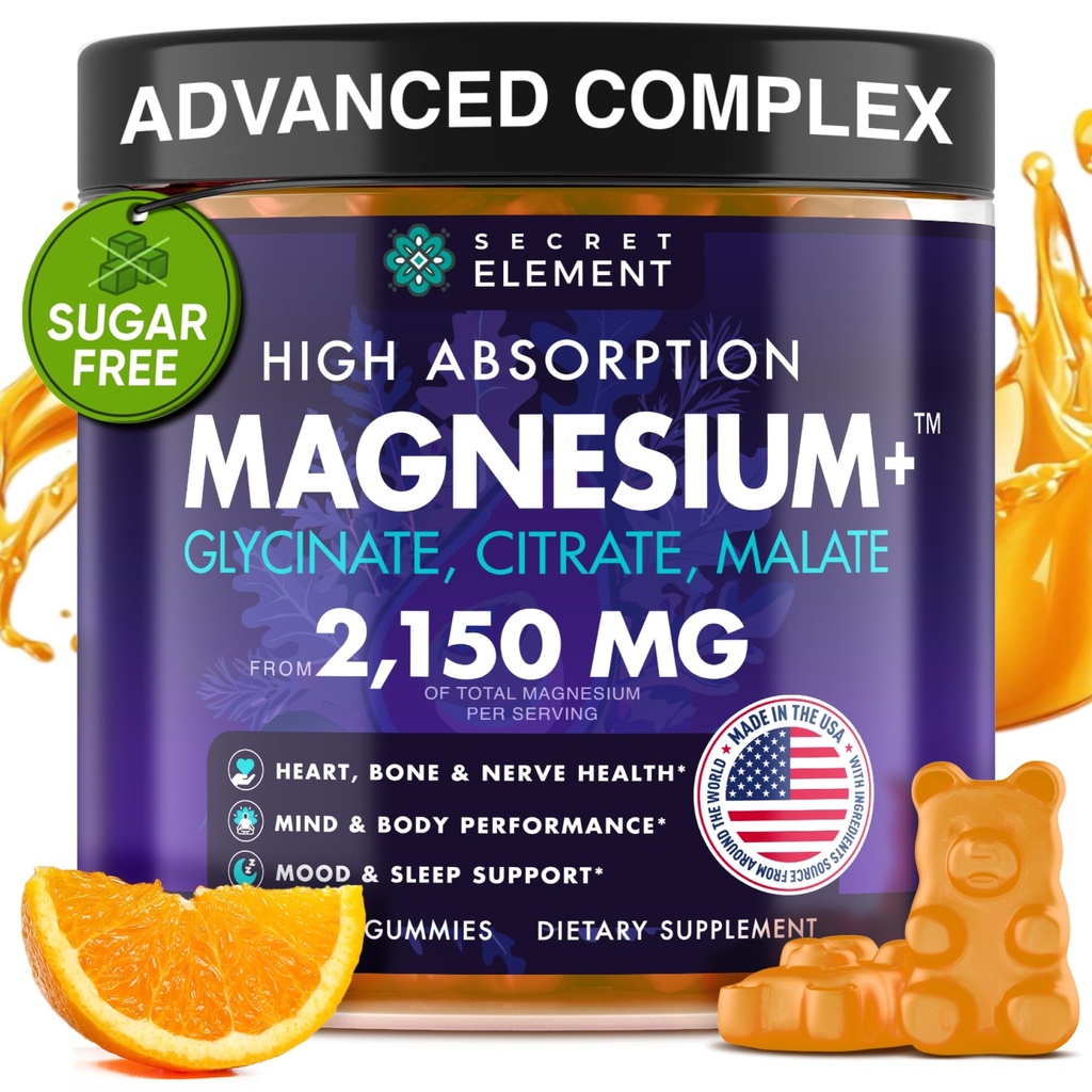 Magnezij Glicinat 2150MG Gumiji za ženske in moške, visoka absorpcija Magnezijev Glicinat, Citrat, Malate Gumiji za odrasle in otroke, podpora za spanje, sladkor brez, Vegan, 60 Chews, Orange