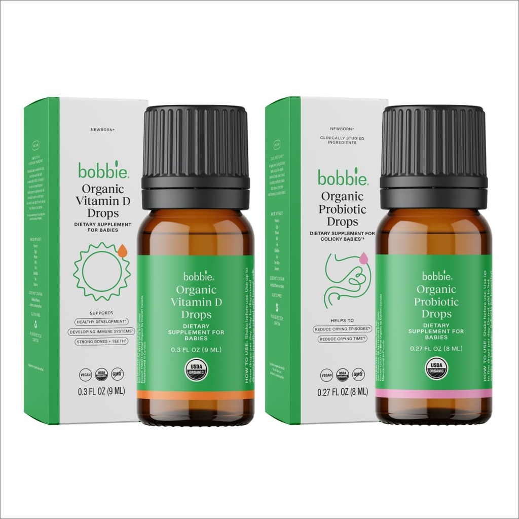 Bobbie Organic Baby Vitamin D in probiotične kapljice Bundle, Dnevne tekočine dopolnila za imunski, zob, kosti in prebavne zdravstvene podpore pri novorojenčkih in dojenčkih, Vegan, Infant-prijatelj Formula
