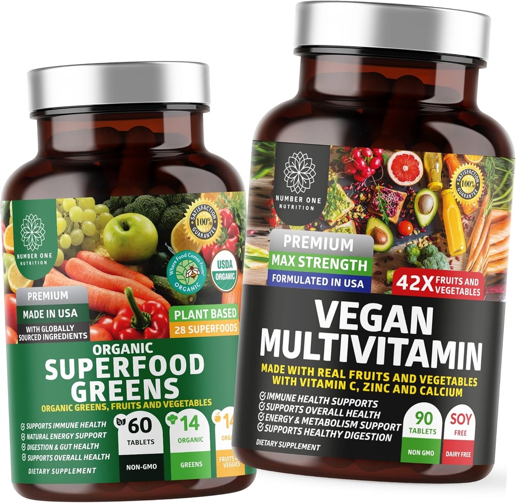 Številka One Nutrition N1N Premium na osnovi rastlin Multivitamin [86 Močne sestavine] in ekološko Superfood Greens [28 Močne sestavine], za podporo Gut zdravje in splošno Wellness, 2 paket