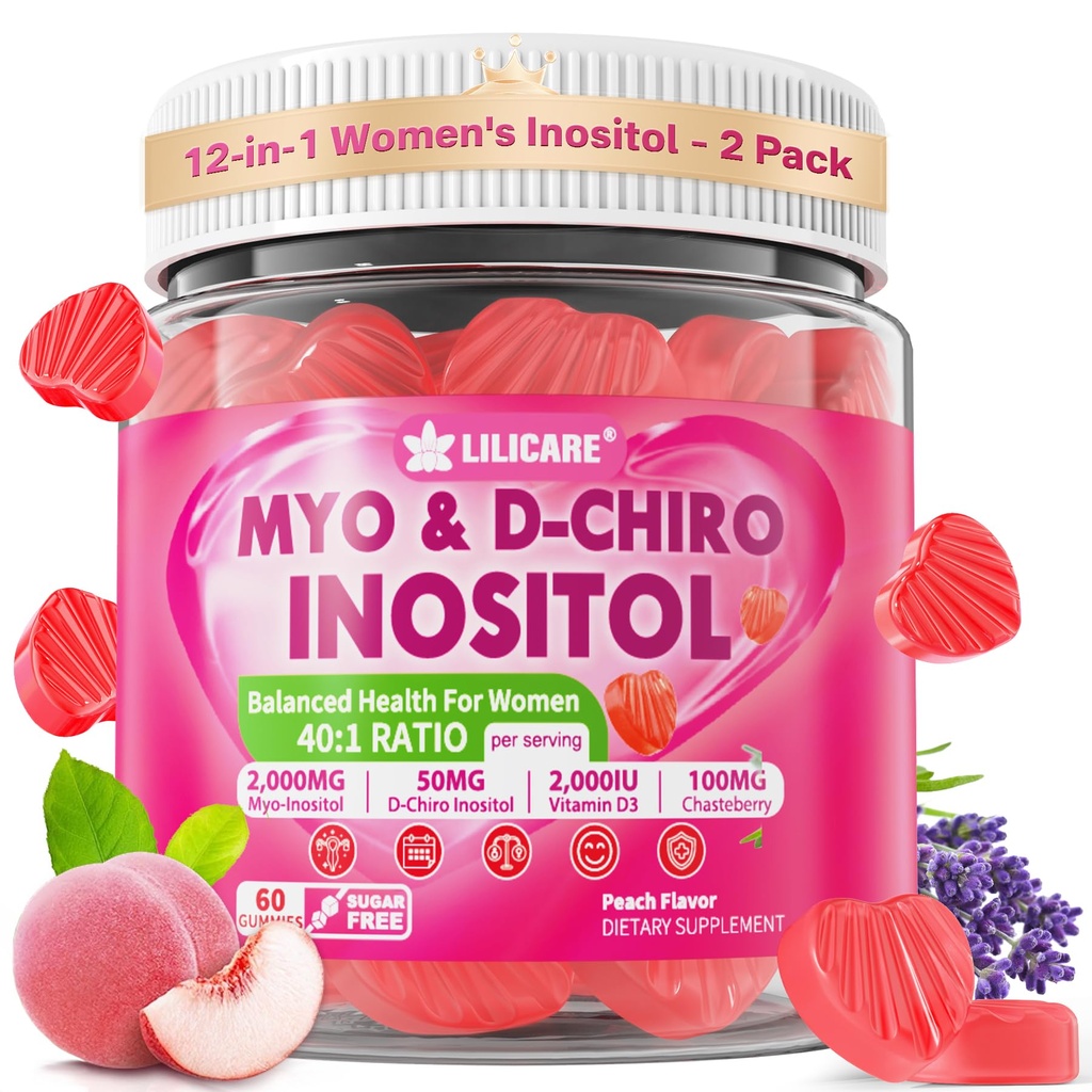 Inozitol Gumies za ženske + Chasteberry, Myo-Inositol & D-Chiro Inositol 2000mg + 50mg Ideal 40:1 Razmerje z metiliranim B12 & Folatom, holinom, magnezijem, vitaminom D3 za splošno zdravje, pakiranje po 2