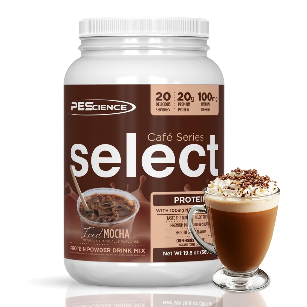 PEScience Select Cafe Protein Coffee Aromed Powder, Iced Mocha, 100mg kofein, 20g Iced Protein Coffee Powder ali Creamer, 20 Serving