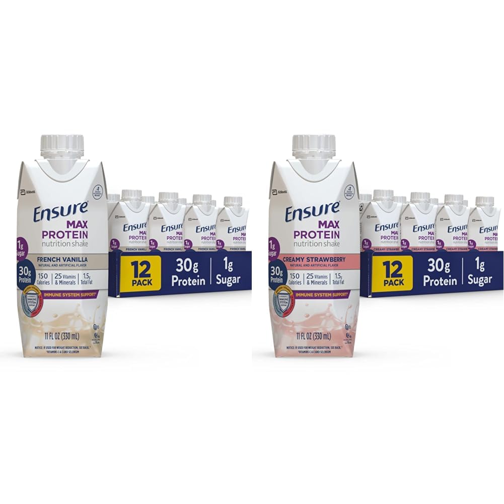 Ensure Max Protein Nutrition Shake with 30g of Protein & Max Protein Nutrition Shake with 30g of Protein, 1g of Sugar, High Protein Shake, Creamy Strawberry, 11 fl oz, (Pack of 12)