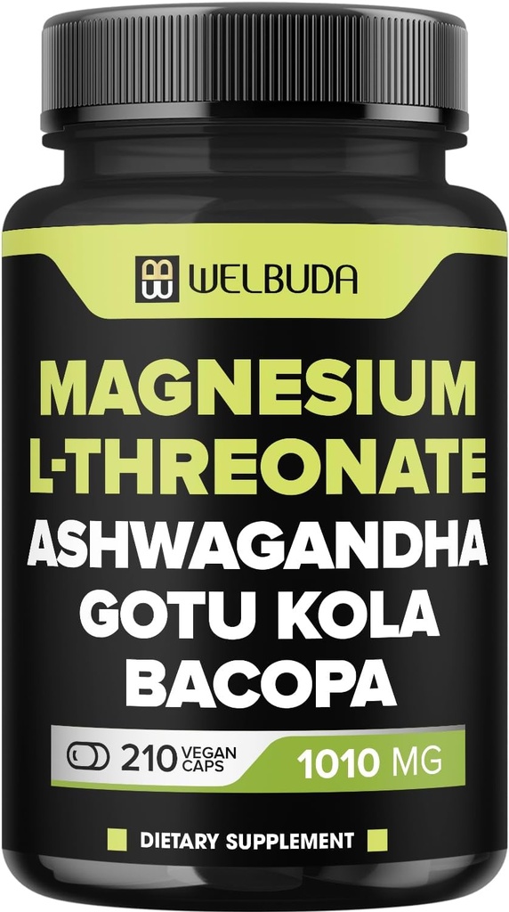 Magnezijev L-treonat Kapsule 1010 mg - 210 Kapsule - obložene z Ashwagandha Root, Gotu Kola Leaf & More