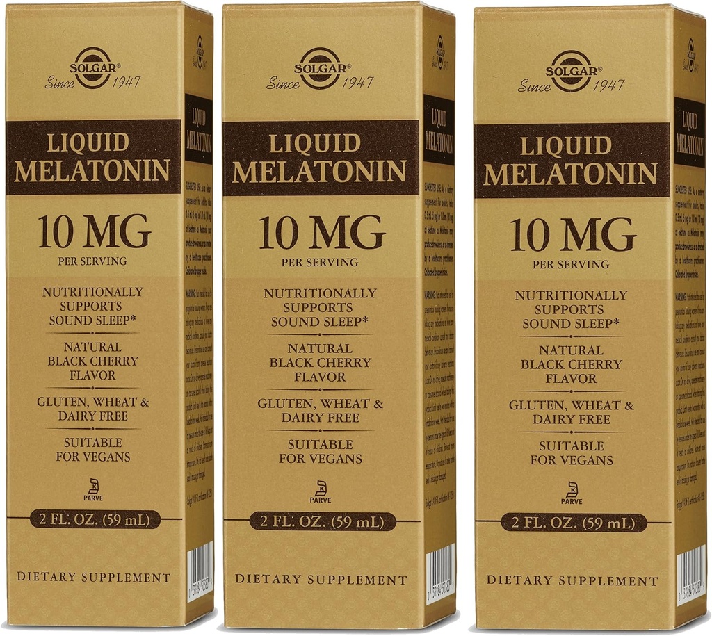 Solgar Liquid Melatonin 10 mg, Natural Black Cherry Flavor - 2 fl oz, Pakiranje 3 - Odlično za Jet Lag - Vegan, Gluten Free - 177 Skupaj Servinges