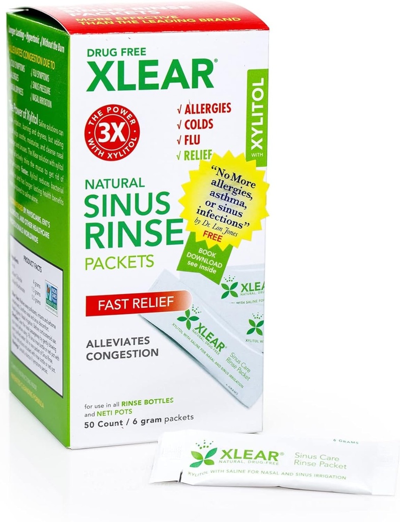 Xlear Natural Xylitol Sinus Rinse Refill, Neti Pot Saline Packets - Nose Cleaner za hitro pritisk in prezasedenost olajšave, deluje z večino nosnih namakalnih sistemov, 50 Število (Pack of 1)
