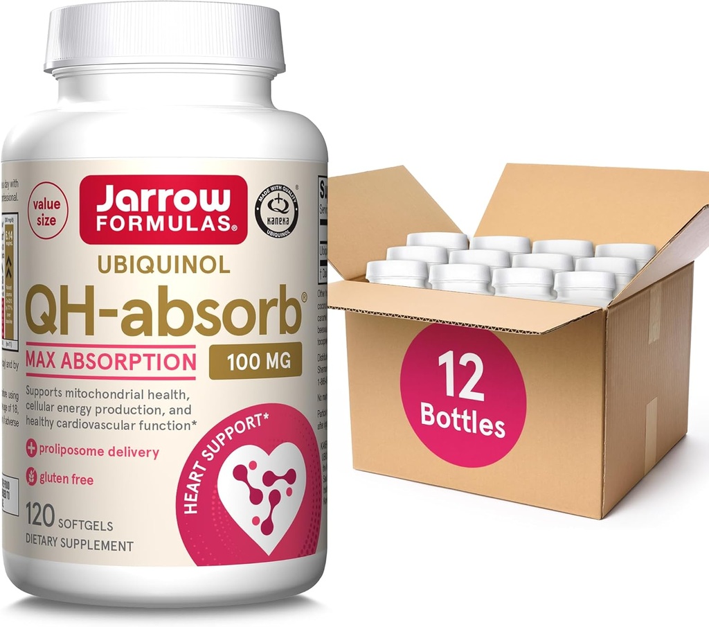 Jarrow Formule QH-Absorb, 100 mg, Ubikinol prehranska dopolnila za zdravo kardiovaskularno funkcijo, 120 mehkih gelov, 120 dnevna oskrba,12 pakiranj