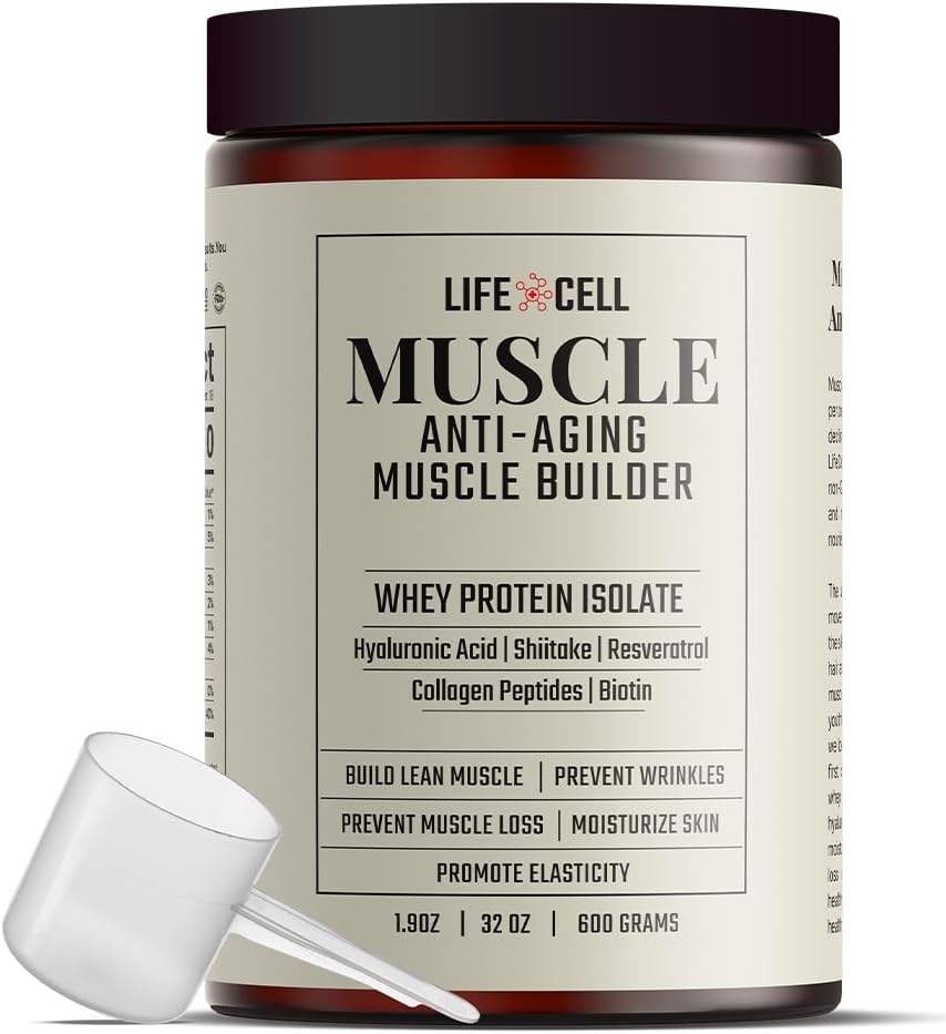 LifeCell Whey Protein – Anti-Aging Muscle Builder z gobami Shiitake, kolagen in hialuronska kislina – brez arome, brez dodanega sladkorja, brez soje, brez glutena, 600g (18 servingov)