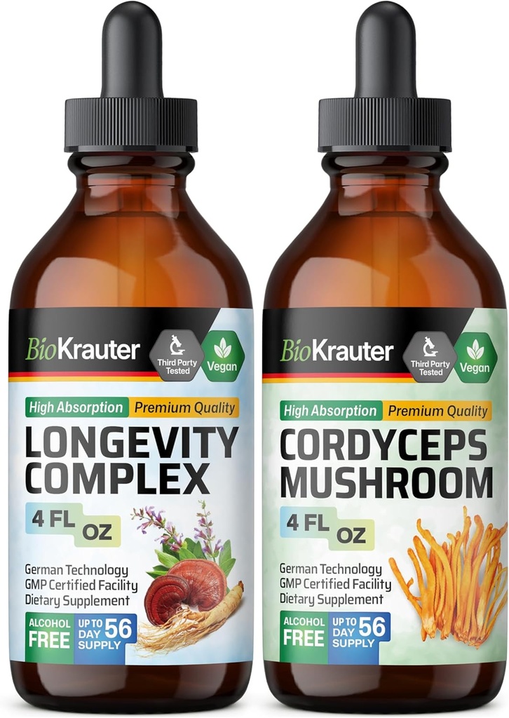 BIO KRAUTER Dolgoživost goba Tinktura 4 Fl. Oz. & Cordyceps goba Tinktura 4 Fl. Oz.