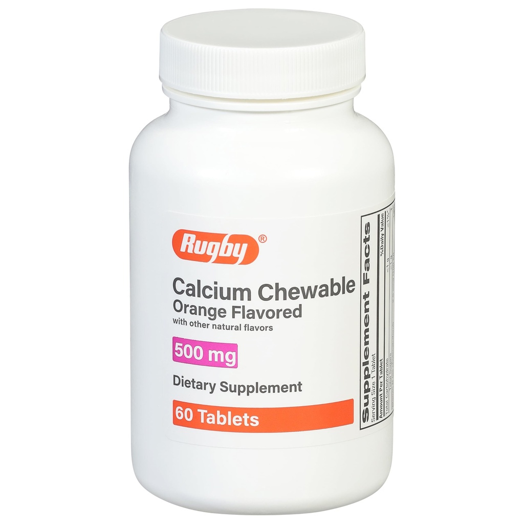 Rugby 500mg Calcium Chewable Tablets - Dietary Supplement - Orange Flavored - 60 Count (1 Pack)