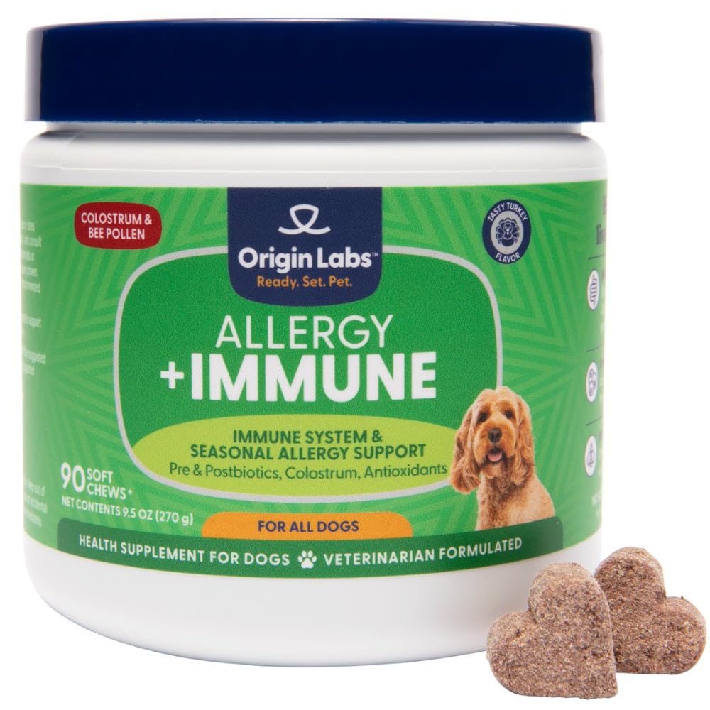 Poreklo Labs Alergy in Imunska podpora dodatek, Omega 3 ribje olje, Bee Pollen, Colostrum, Probiotiki, Prebiotiki za zdravje črevesja, zdravje kože in plašča, antioksidanti, Turčija aroma, 90 Soft Chews
