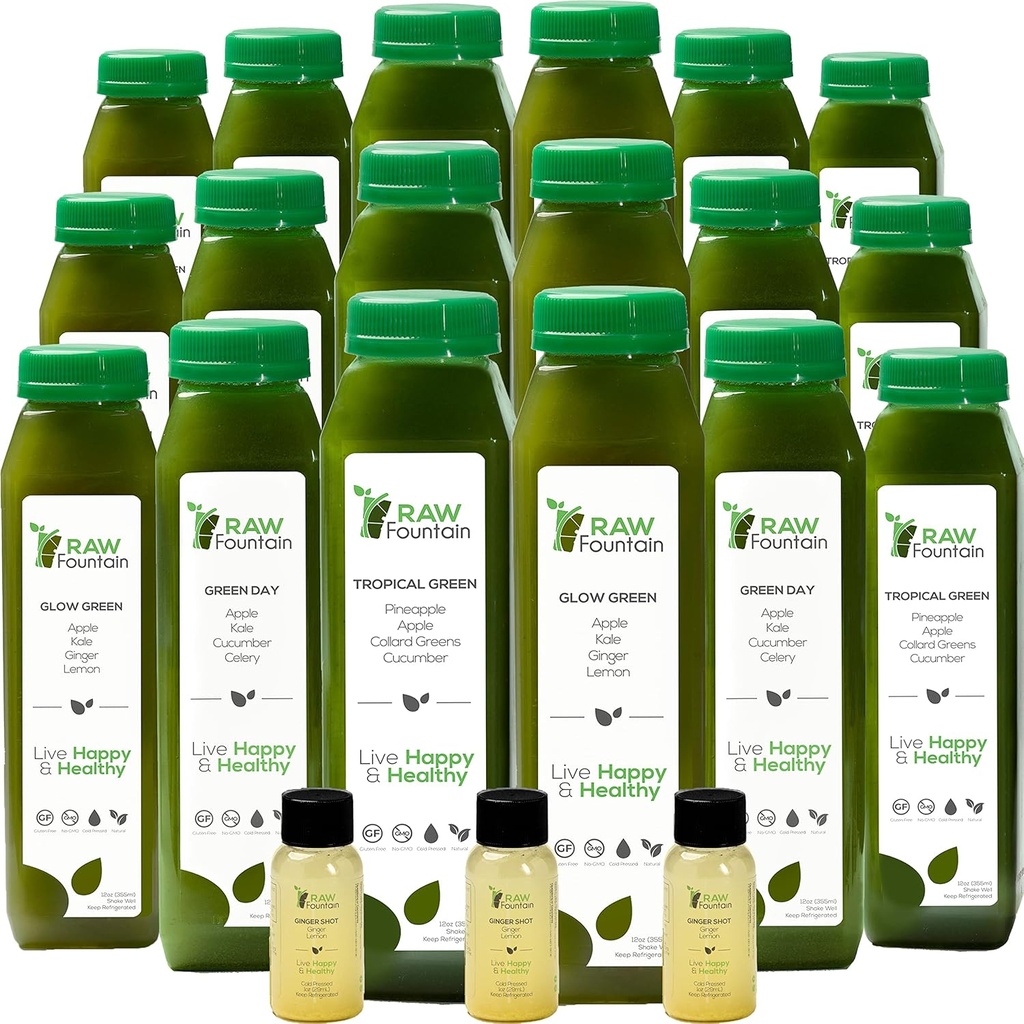 5 Day Green Juice čiščenje s surovo vodo, vse naravne surovine, veganski detox, hladno stiskani sok, 30 steklenic 12oz, 3 ingver posnetkov