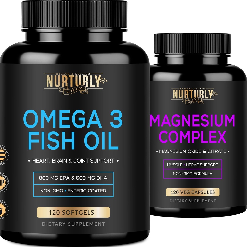 Magnezij kompleks in Omega 3 ribje olje - Magnezij Citrat 500MG – ribje olje 2000mg, 800mg EPA in 600mg DHA - Sprostitev mišic, spanje in energija, zdravje kosti, možgani, in srce