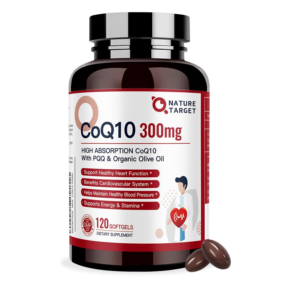 NATURE TARGET CoQ100-300mg-softgels + PQQ z organsko-živim-oljem - visoka absorpcijska-koencim-Q10 - Antioksidant-za-zdravje in imunosupresivno podporo, proizvodnja energije, 120 Servingatorji