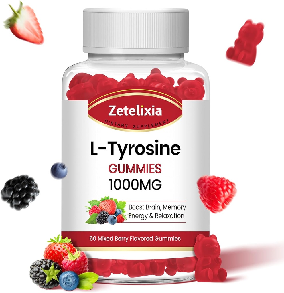 L Tirozin Gummies 1000mg,L-teanin dodatek Gummy 200mg,Sugar prost L-tirozin z vitaminom B6 energijske dodatke za odrasle in otroke - Vegan(60 štev.)