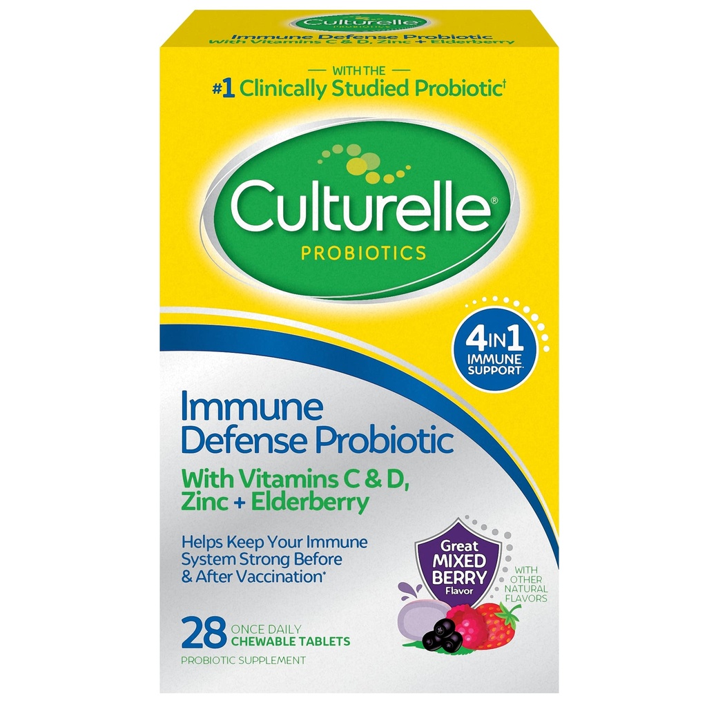 Culturelle Immune Defense Daily Probiotic za ženske in moške - 28 Count, Mešane Berry Chewables s 4-in-1 imunske podpore. Probiotični vitamin C, vitamin D in cink Plus Bezgove jagode