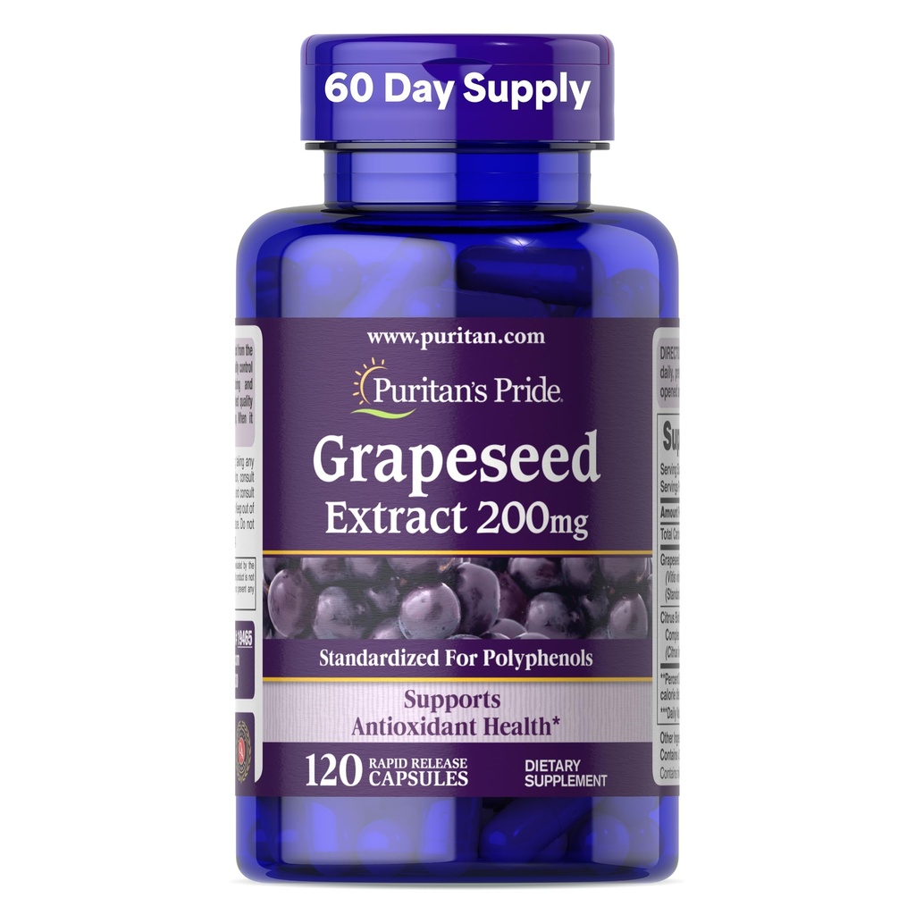 Puritan's Pride Grapesee Extract 200mg, prehranska dopolnila za antioksidant in zdravje srca, 2 meseca zaloge, 120 kapsul za hitro sproščanje