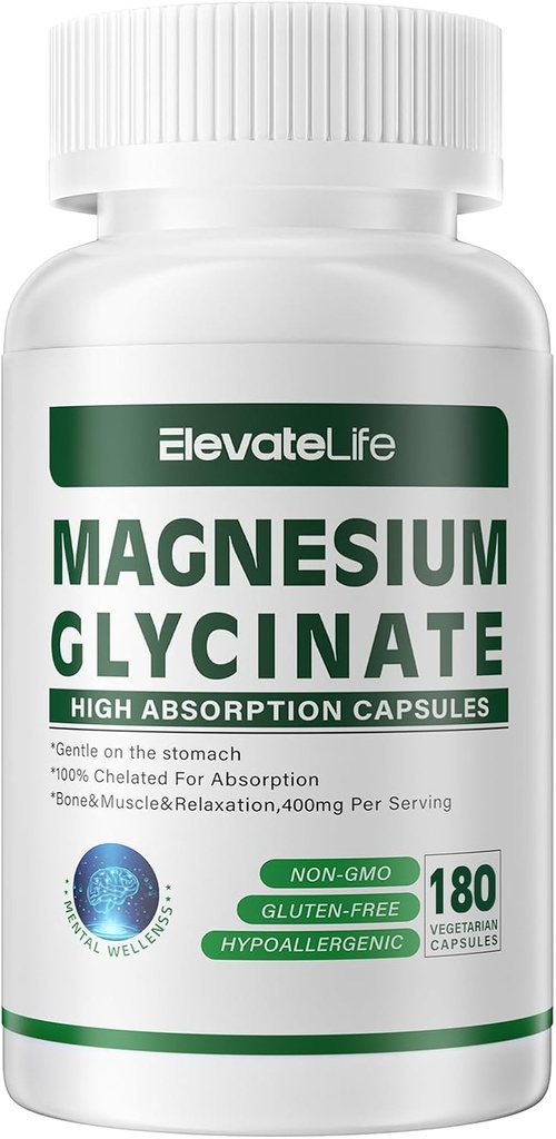 Magnezij Glicinat 400 MG na odmerek 100% kelirano za veliko absorpcijo, nežno na želodcu, ne- GMO, 180 vegetarijanskih kapsul