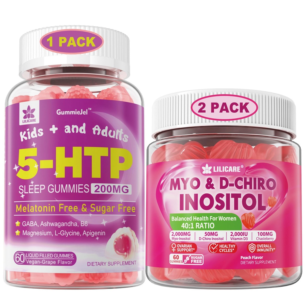 LILICARE paket: 5HTP Gumies z magnezijevim glicinatom - Melatonin Free Sleep Gumies za odrasle & otroke 8+ & Inositol Gumies Ideal 40:1 Razmerje Myo & D-Chiro Inositol Dodatek