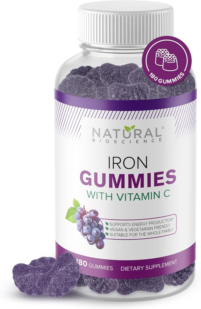 Železo Gumiji z vitaminom C - Žvečilni železov dodatek za anemijo zaradi pomanjkanja železa, podporo rdečih krvnih celic, energijo, imunske funkcije, zdravje možganov, Max Absorpcija, grozdni okus, 180 Veganski gumiji