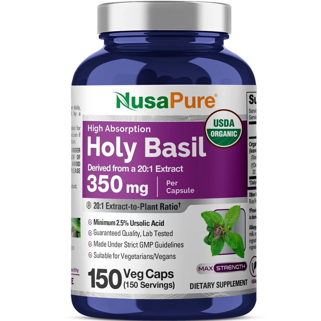 NusaPure USDA Organic Holy Basil Kapsule 20:1 Extract, 350 mg Enakovredno 7.000mg 