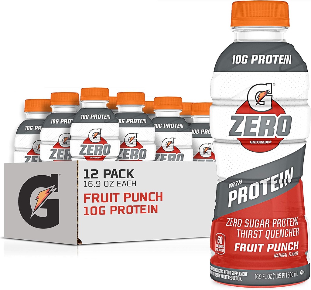 Gatorade Zero s proteini, 10g izolat sirotkinih beljakovin, nič sladkorja, elektroliti, sadni punch, 16,9 Fl Oz, 12 Pack