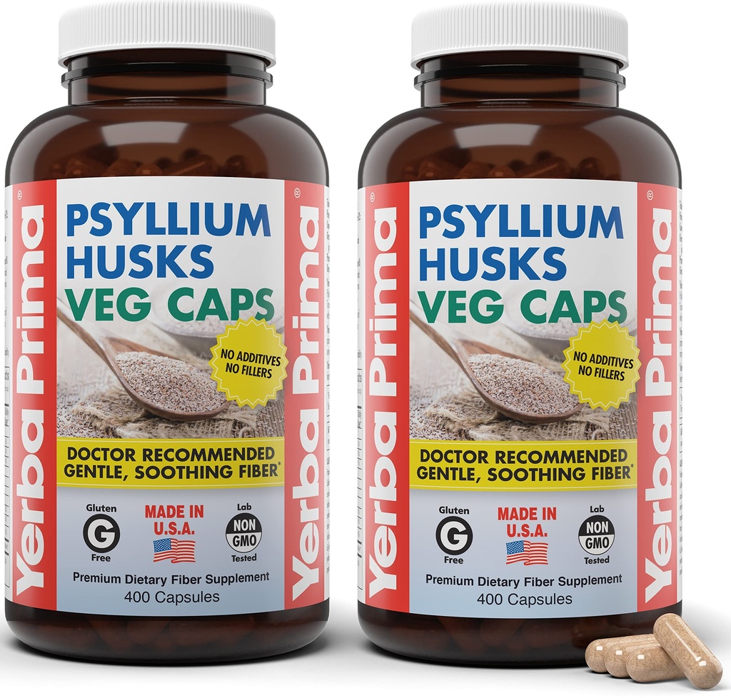 Yerba Prima Psyllium Husks Veg Caps, 400 kapsul (625 mg) (paket z 2) - Veganska, ne-GMO, Gluten brez, Cleanser, Daily Fiber dodatek za Gut zdravje in rednost