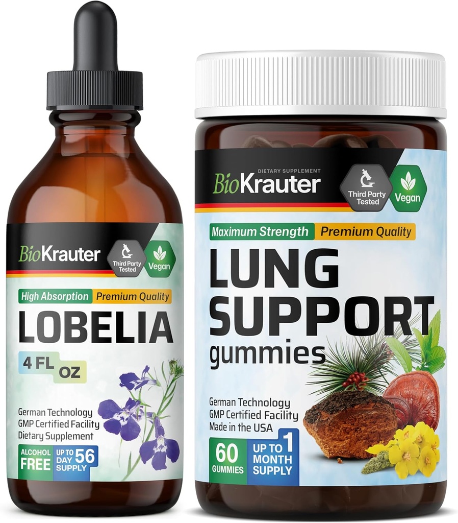 BIO KRAUTER Lobelia Tinktura 4 Fl. Oz. & Lung Detox 60 Gummies