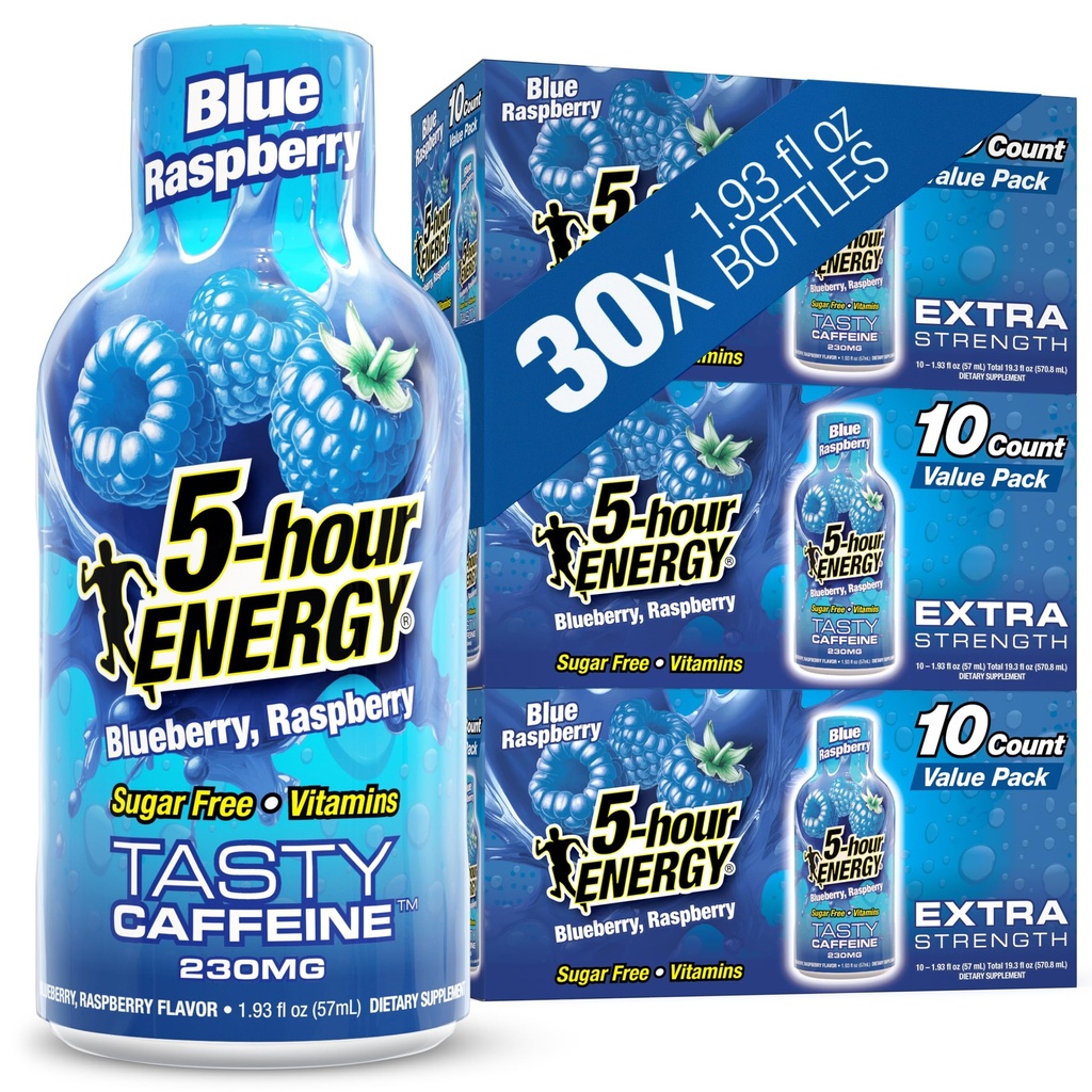 5 ur ENERGY Shots Dodatna moč, Blue Raspberry Flavor, 30 Count, 1,93 Fl Oz, Sladkor brez, Nič kalorij, Aminokisline in Essential B Vitamini, Prehranska dopolnila, Občutek pripravljenosti in Energiran, 230 mg kofeina