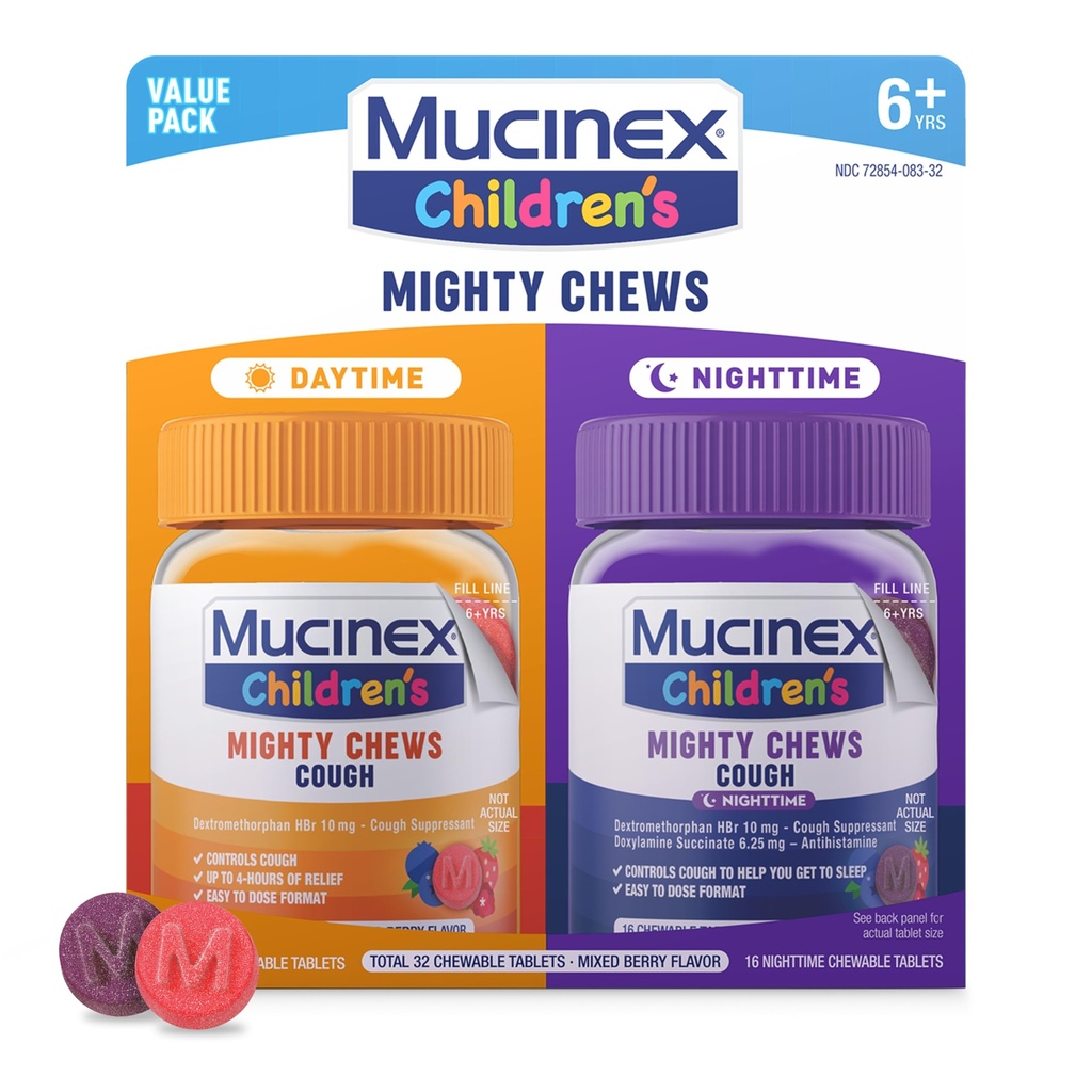 Mucinex Otroci Mogočni žveči Otroci Kašelj Medicina Dnevno in nočno vrednost Pakiranje, Enostaven za odmerek Kaš Supresant za otroke z Dekstrometorfan, Mešane Berry Flavor, 32 Medicated žvečljive tablete