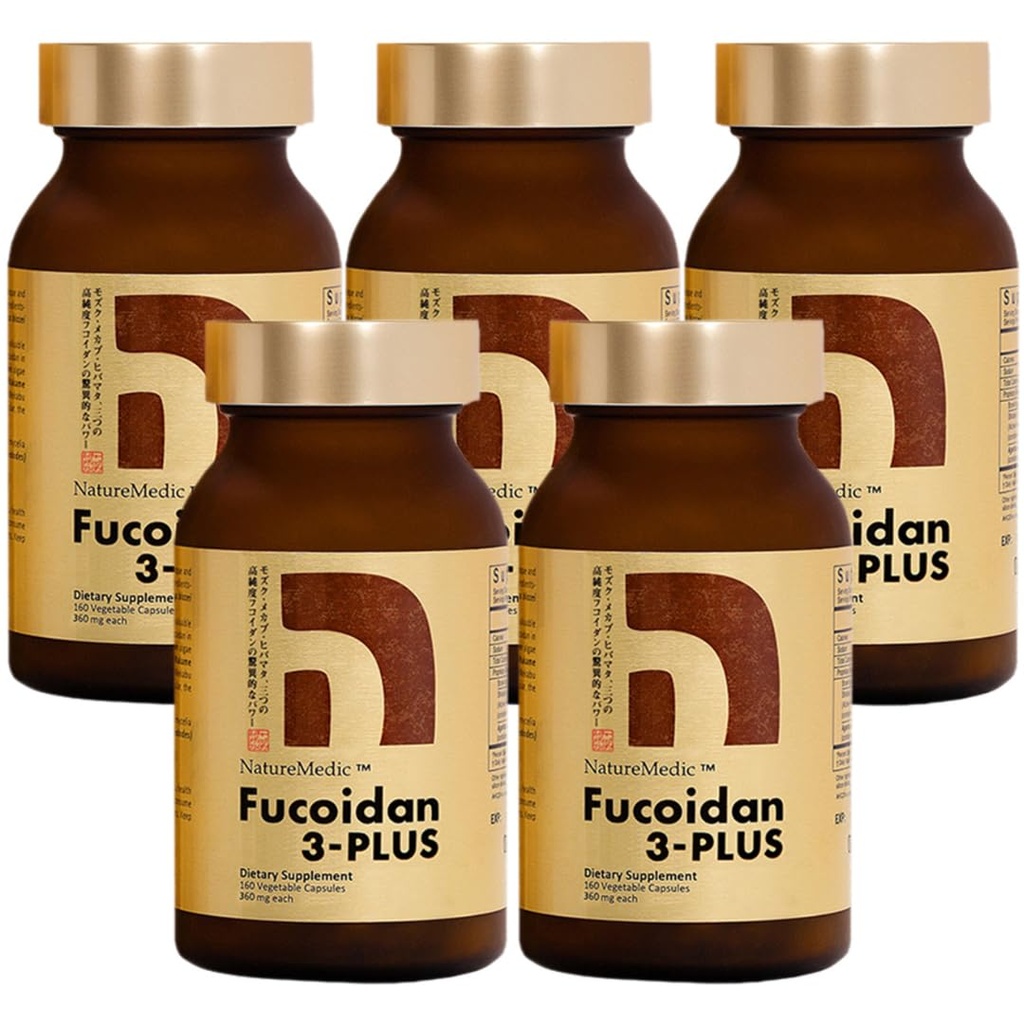 Fucoidan 3-Plus Brown Seaweed Immunitete dodatek s tremi vrstami visoke čistosti Fucoidan Organic Mekabu Fucus Mozuku Agaricus Izdelano na Japonskem (vegetalna kapsula, 5 steklenice)