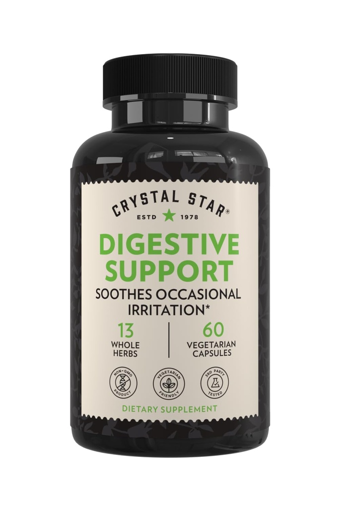 Crystal Star Digestive Supplement (60 kapsul) - Zeliščni Gut Health Supplement, ki pomaga z občasno plin & napenjanje - Peppermint, Aloe Vera, Slippery Elm & Ginger – Non-GMO