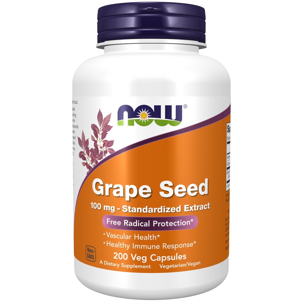 NOW Foods Supplements, grozdno seme 100 mg - standardiziran ekstrakt, visoko koncentriran ekstrakt z najmanj 90% polifenolov, z vitaminom C, 200 Veg kapsule