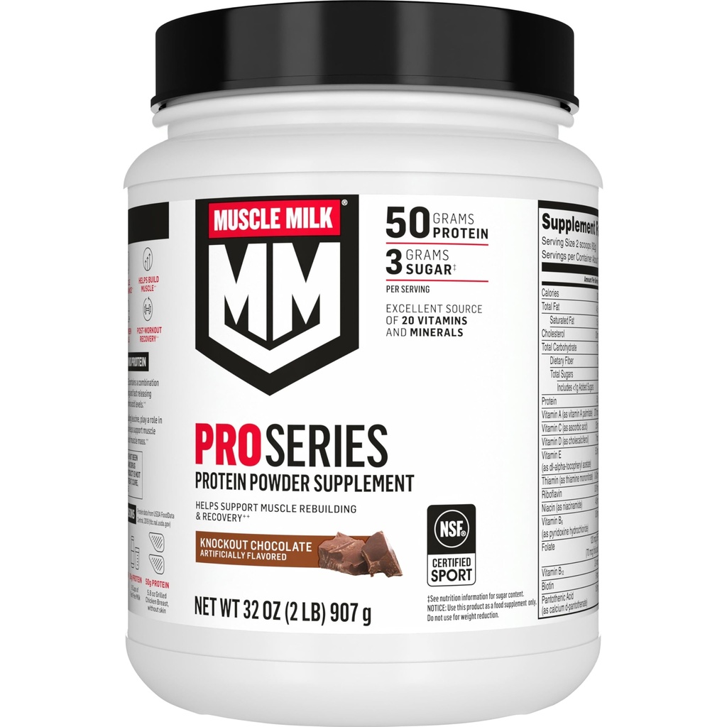 Muscle Milk Pro Series Beljakovine v prahu dopolnilo,Knockout Chocolate,2 Pound,11 Serving,50g Beljakovine,3g Sladkor,20 Vitamini in minerali,NSF Certified for Sport,Workout recovery,Pakiranje maj Vary