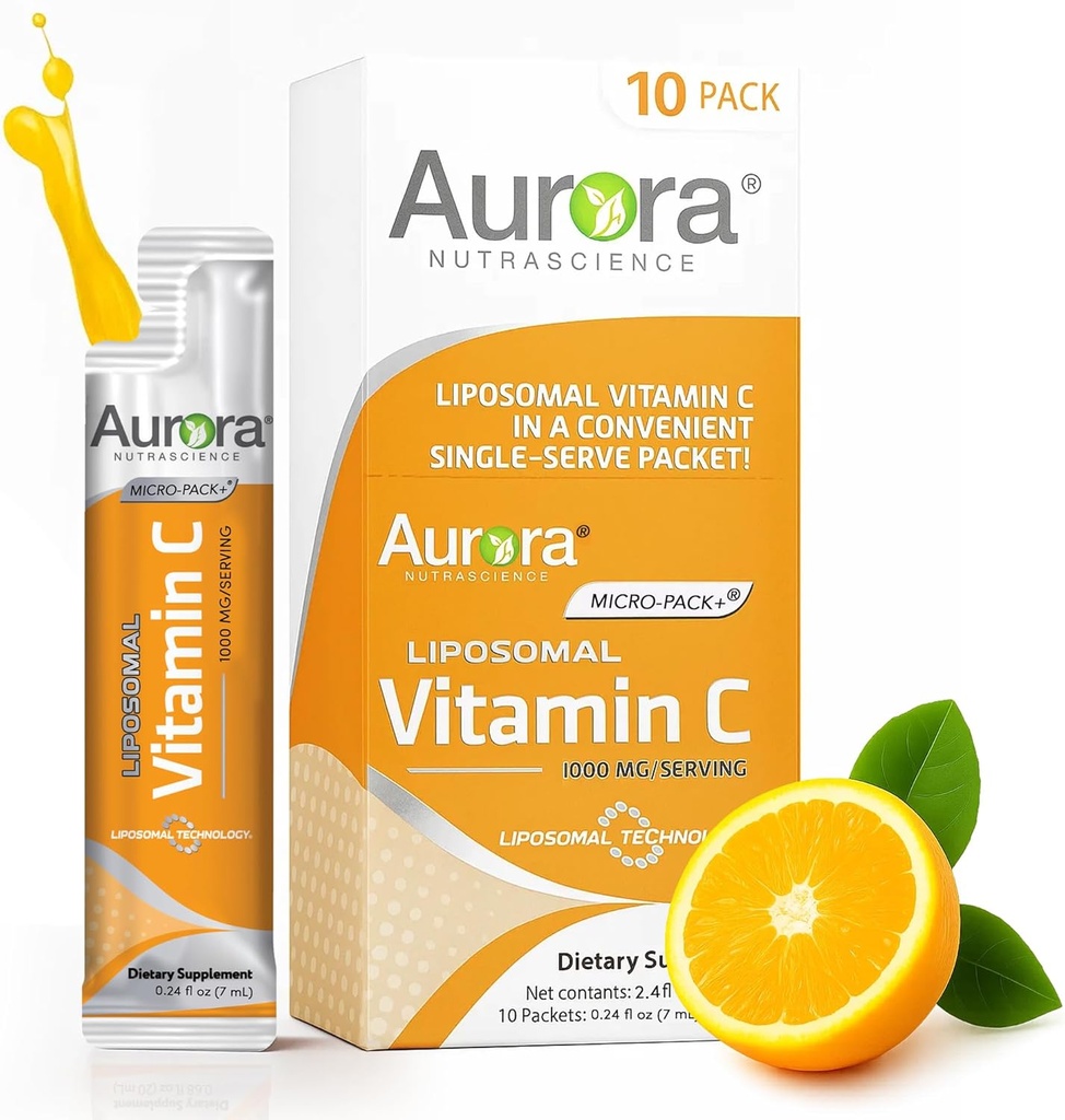 Aurora Nutrascience Micro Pack Liposomal Vitamin C, Imunska podpora, 1.000 mg na strežbo, Vegan, Gluten Free, Non-GMO, 10 Enojne serve Packets, Orange
