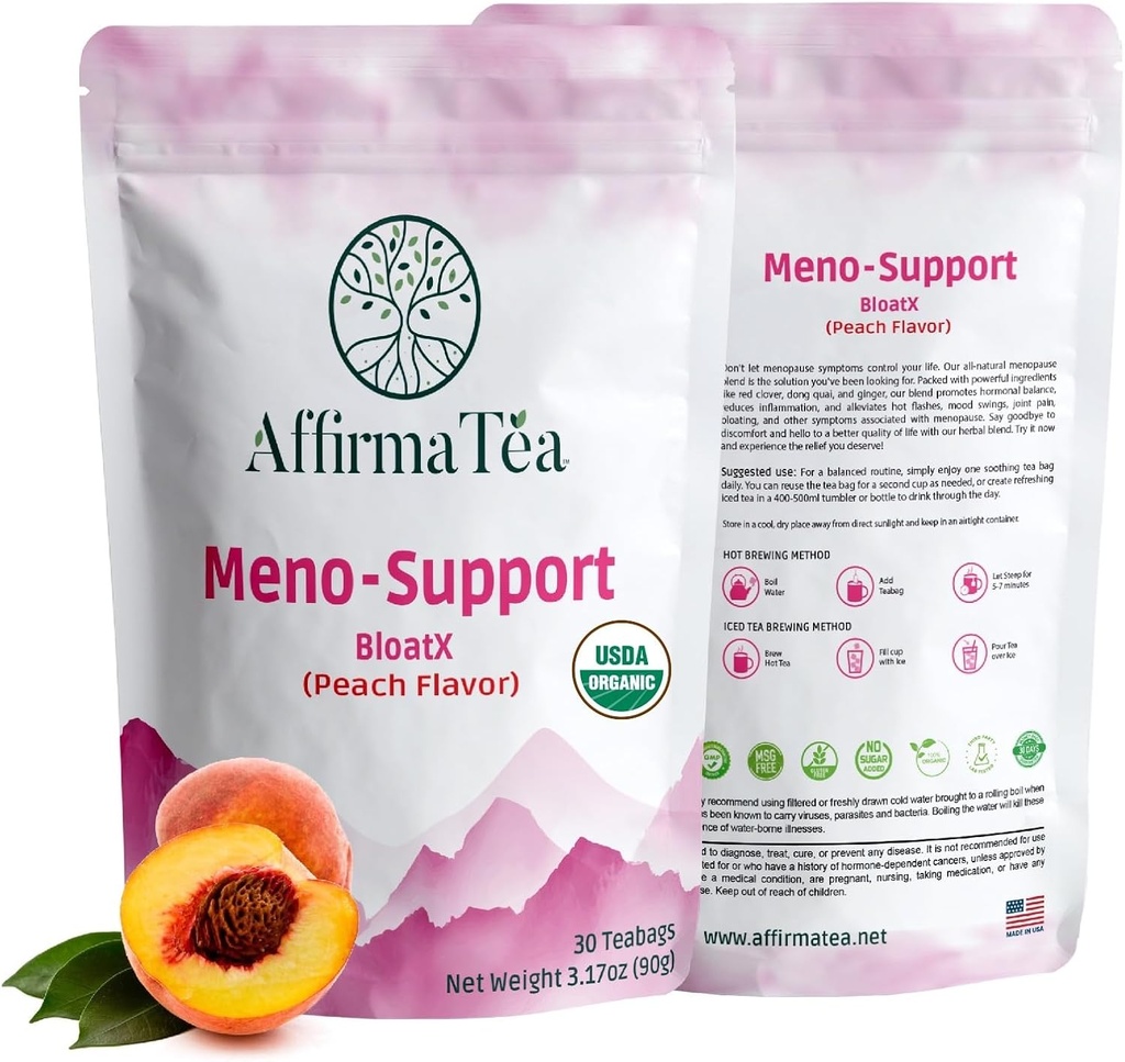 Meno-Support BloatX Organic Menopause Relief: Balances & Supports Hot Flashes, Hormones, Moods Swings, Night Sweats, & Bloating W/Black Cohosh, Red Clover & Dong Quai. Natural Peach Flavor.