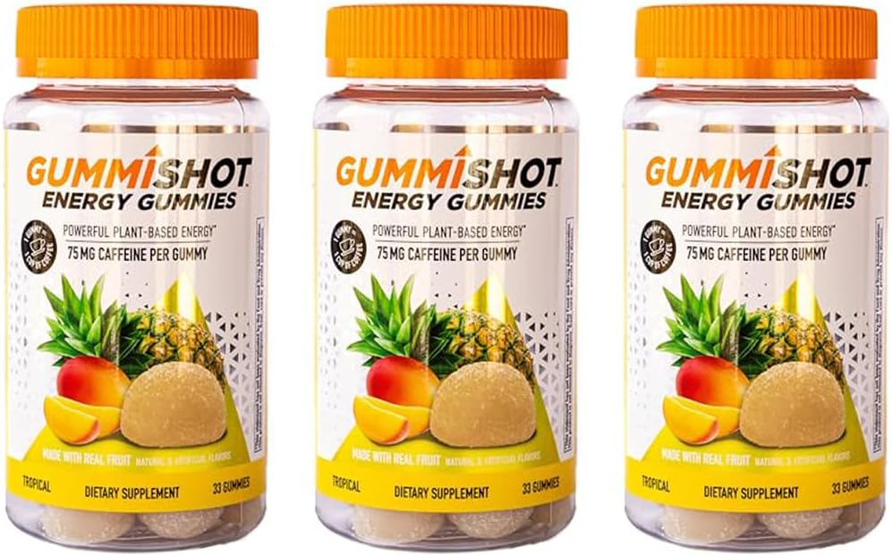GummiShot Energy Gummies, 2475 mg kofeinskih žvečil na steklenico, dolgotrajni energijski ojačevalci, tropsko 33 število (paka 3)