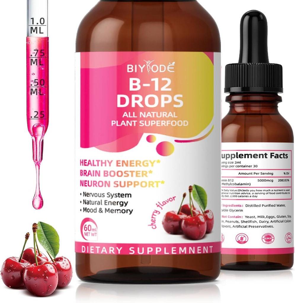 Vitamin B12 5000 mcg Tekoče kapljice Vse naravne rastline Superhrana Zdrava energija Možgani Booster Neuron Podpora Živčevje Naravne energije Mood Memory 60ml Net Wt Cherry Flavor
