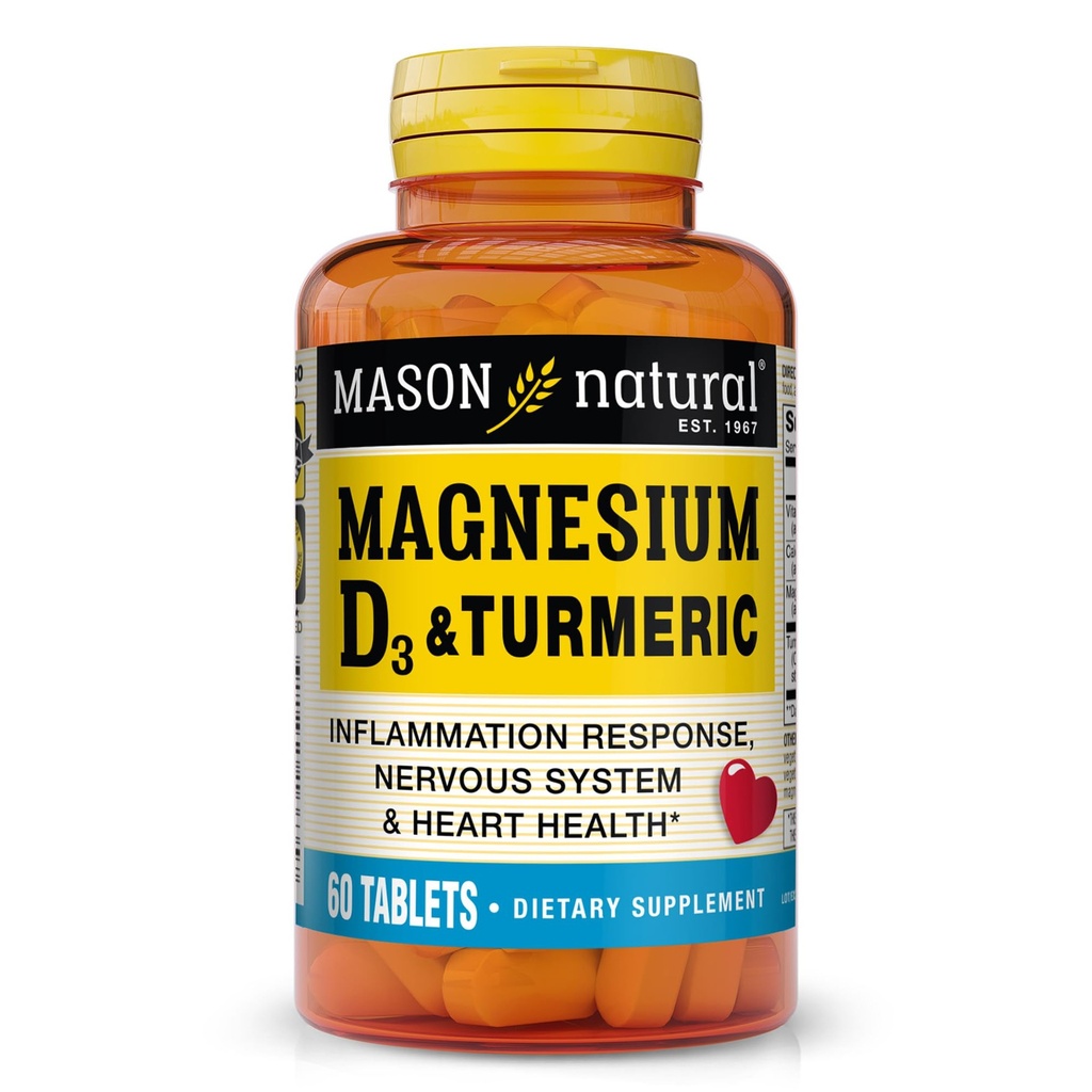 MASON NARAVNI Magnezij in vitamin D3 s kurkuma, 60 dan dobave prehranska dopolnila z 500 mg magnezija, 3000 i.e. vitamin D3 in 150 mg Kurkuma