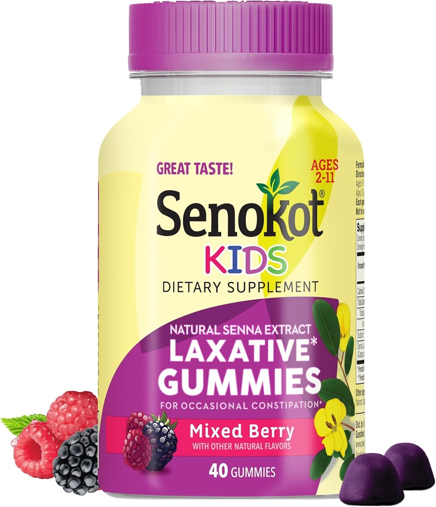 Senokot Kids Mixed Berry Laxative Gummies for Age 2+, Senna Extract for Gentle, Čez noč Relief of Occasional zaprtje, 40 ct