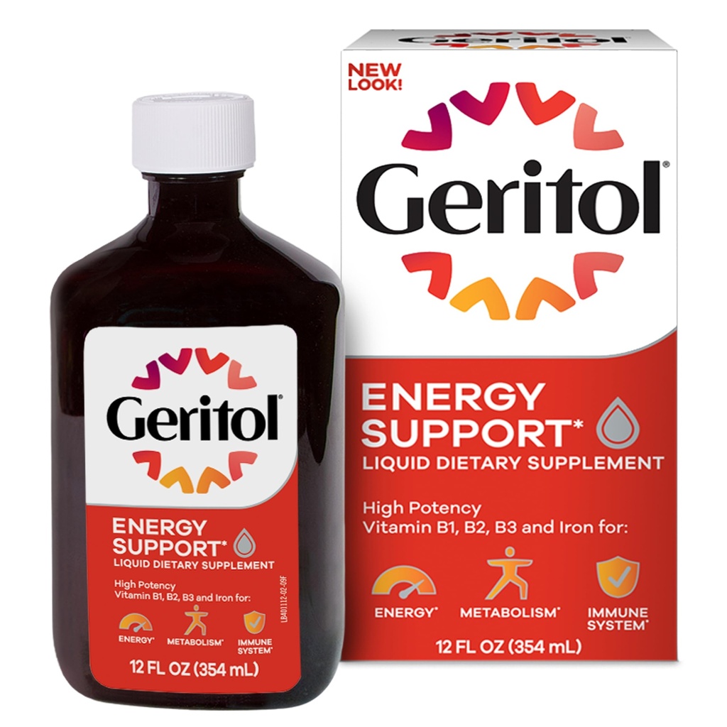 Geritol, Tekoči vitamin in železo dodatek, energijska podpora, Vsebuje visoko moč B-vitaminov in železa, prijetno degustacijo, enostavno požiranje, Brez umetnih sladil, Ne-GMO, 12 Oz