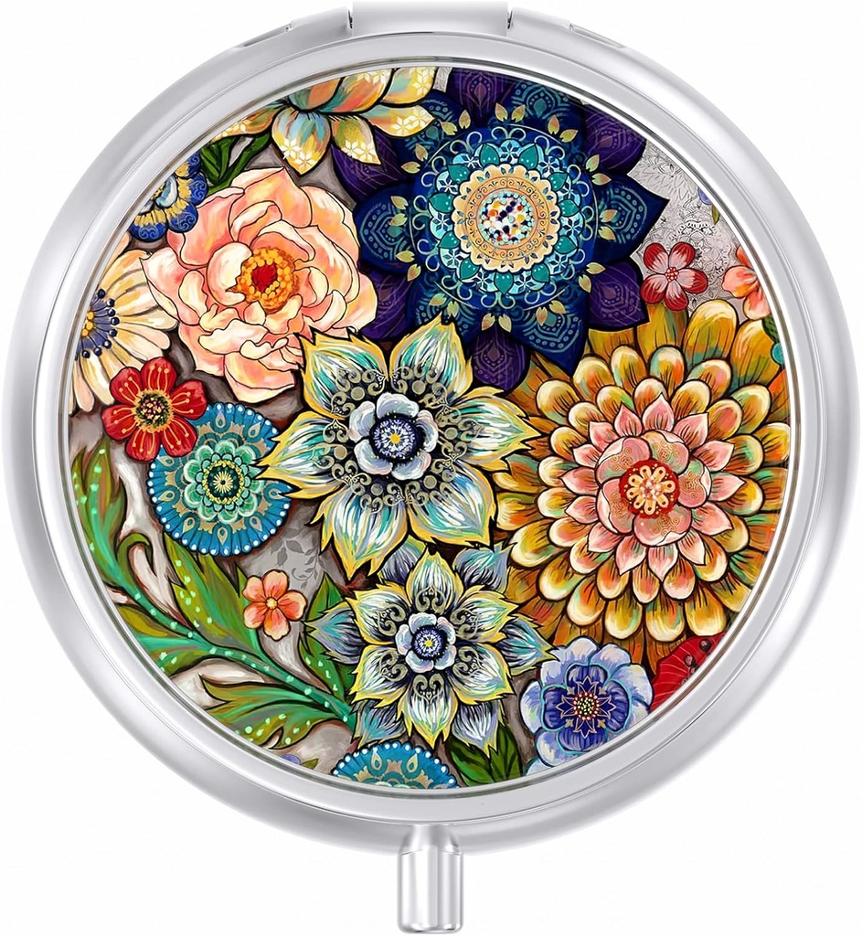 Pil Case, Cute Travel Pill Box for Purse, Dokaz za vlažne majhne medicine imetnik, Prenosni Pocket Medicine Organizator Dispenzer za zadrževanje vitaminov, Cod Jetra olje, dodatki, Mandala cvet