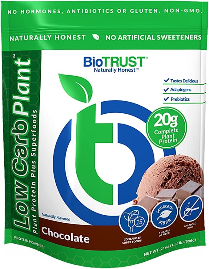 BioTurust Low Carb Plant, Delicious, Creamy, 20 Gram čistih, popolnih, na rastlinah osnovanih beljakovin, 5 Gram Fiber, 15 Superfoods, Prebavne encime, Vegan, Dairy-free - 14 Servings (Chocolate)