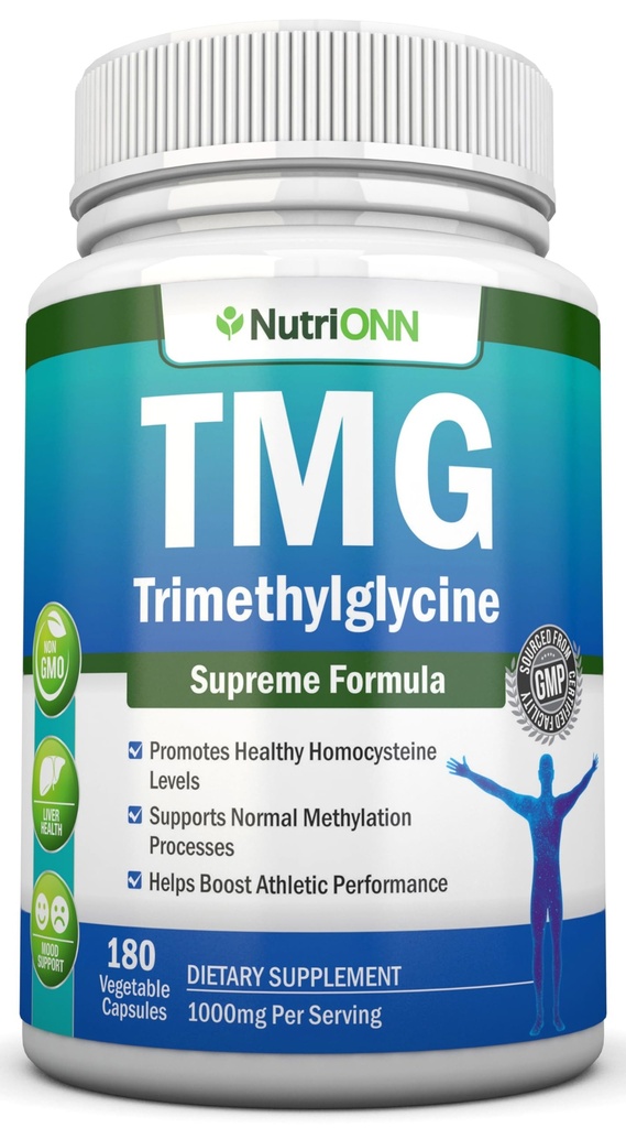 TMG Trimetilglicin dodatek - 1000mg - 180 Kapsule - Premium Pure Betain brezvodni - podpira normalne Homocistein in ravni krvnega tlaka - spodbuja Metilacijski procesi - Non-GMO Formula