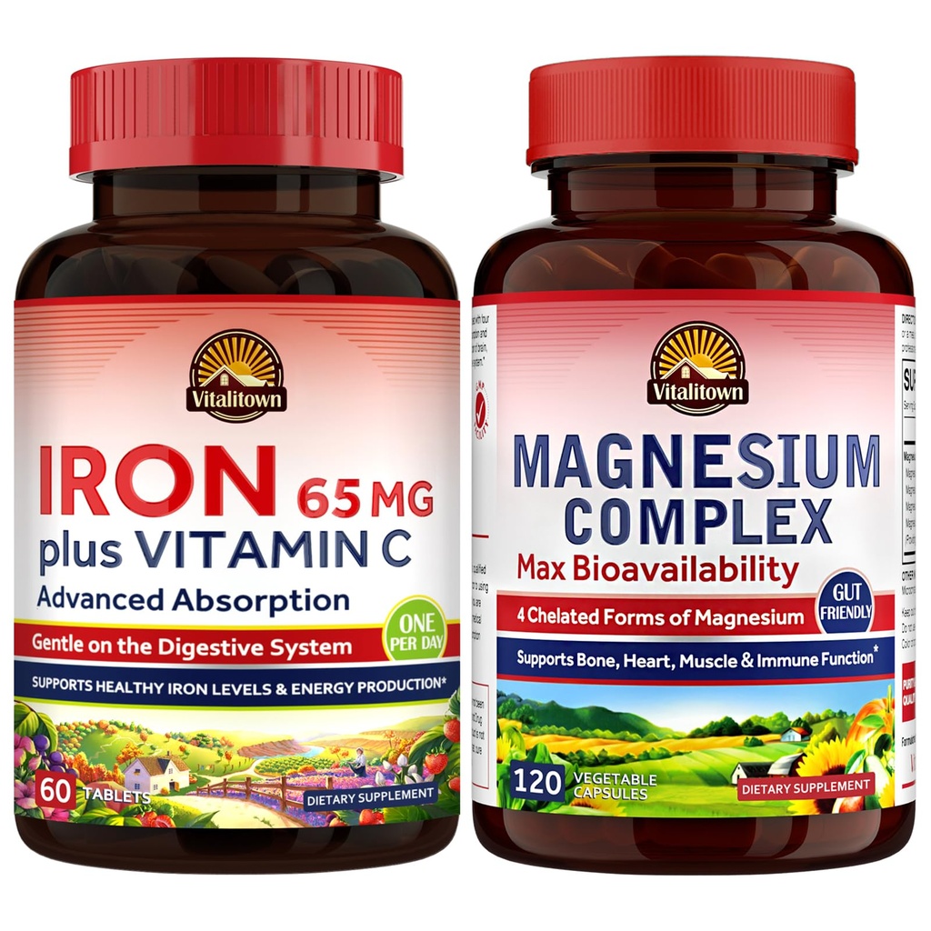 Vitalitown Magnezium Complex dodatek 500mg & 65mg železno dopolnilo za ženske moške, za spanje, mišice, Blood Building & Izboljšava energije