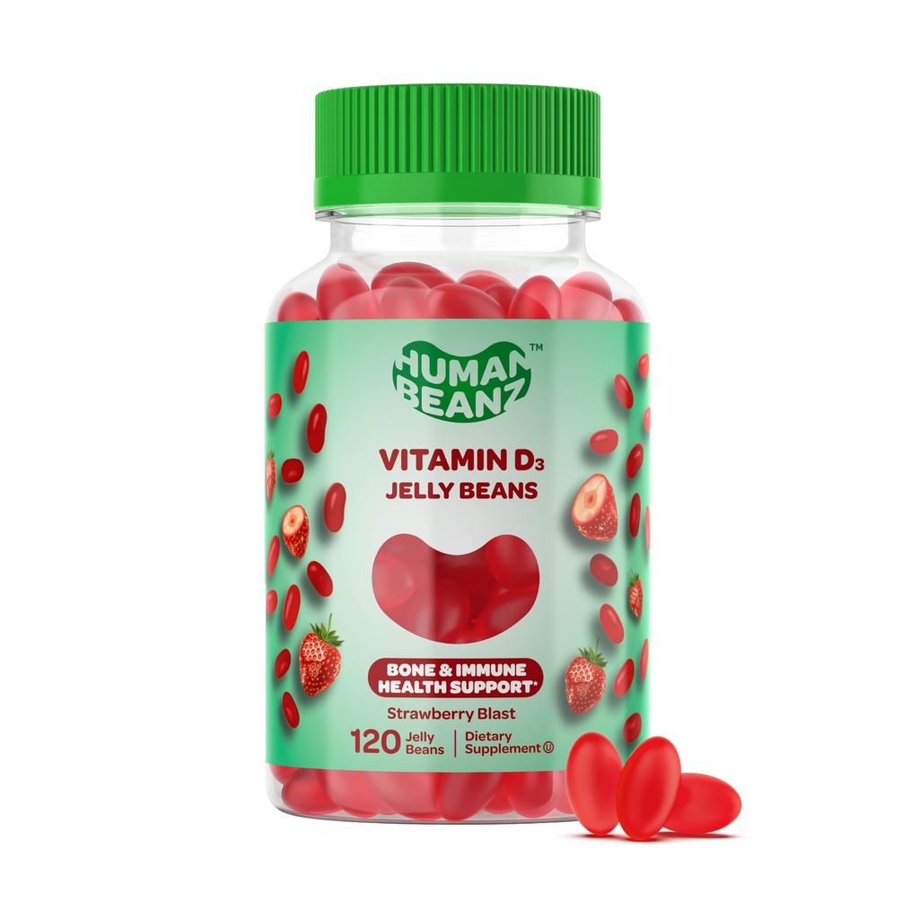 Vitamin D3 Železen fižol Gumiji za odrasle, Immuniteta Podpora, 2000 i.e. Vitamin D, Hranilna vegetarijanska dopolnila, 120 Jagodni želejev fižol, Košir