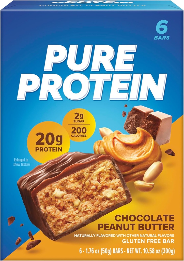 Čiste beljakovinske čokoladice, visoke beljakovine, hranilni prigrizki v podporo energiji, nizkemu sladkorju, brez glutena, čokoladno arašidovo maslo, 1,76 Oz (pak 6)
