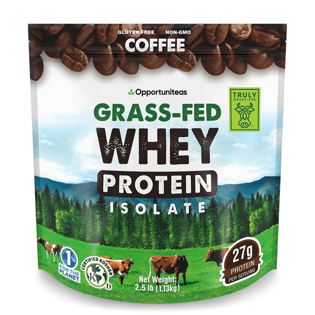 Opportuniteas Grass Fed Coffee Whey Protein Isolate Powder - 27g Protein Powder brez umetnih sladil, Hormone-free krave, Non GSO - 2,5 lb