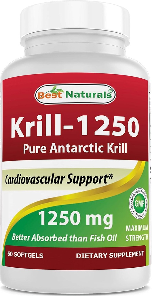 Best Naturals Pure Antarktic Krill Oil 1250 mg (Triple Jakost) z Omega-3s EPA, DHA in Astaksantin 60 Softgels